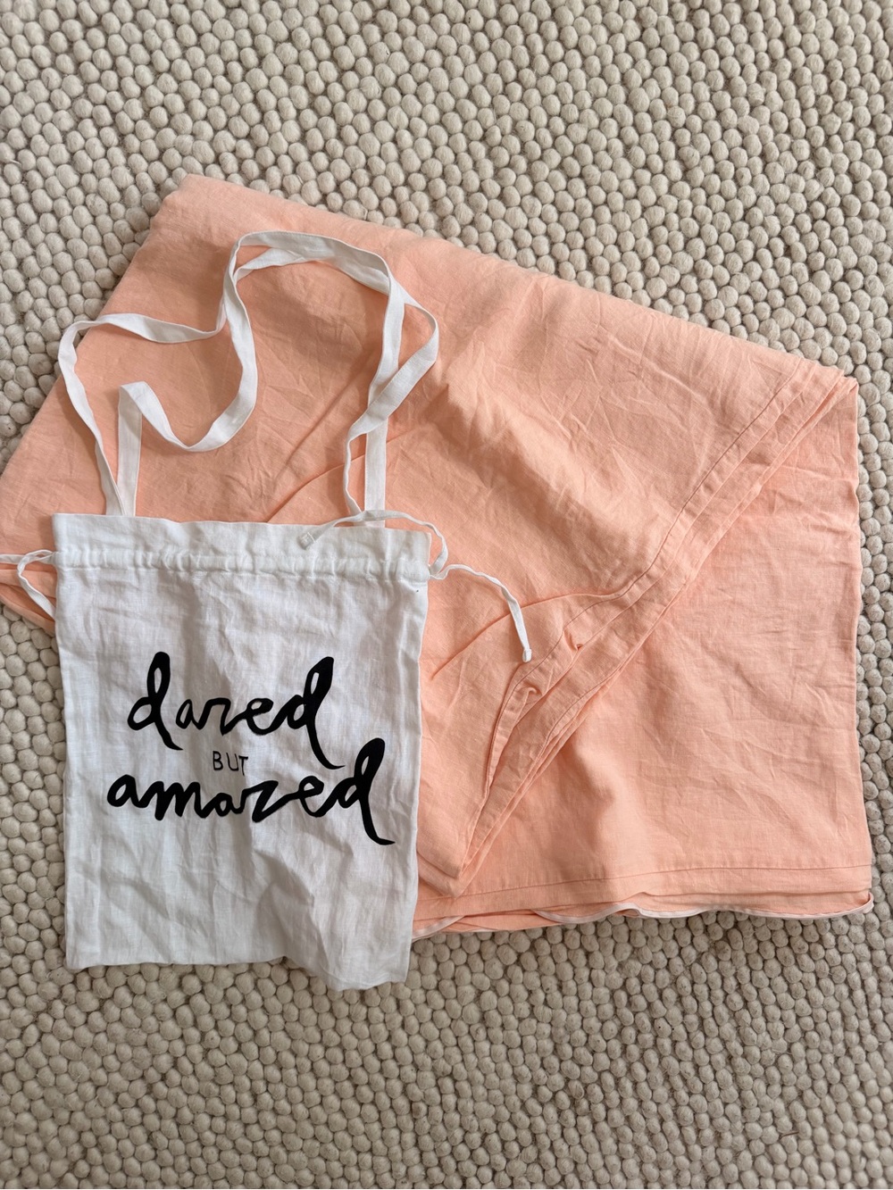 Dazed But Amazed Peach Linen Duvet with White Canvas Tote